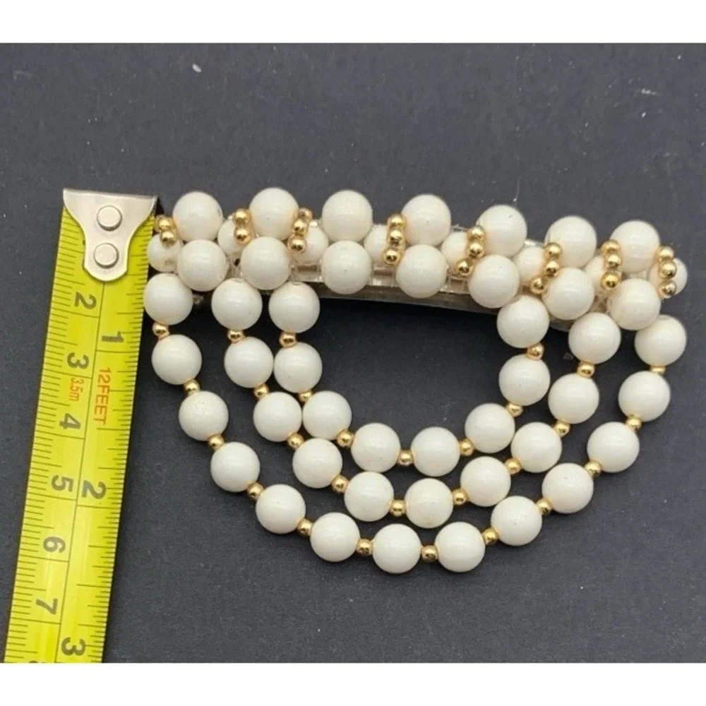 Vintage‎ White Beaded & Gold Tone Spacers Elegant Drape Hair Barrette/ Clip
